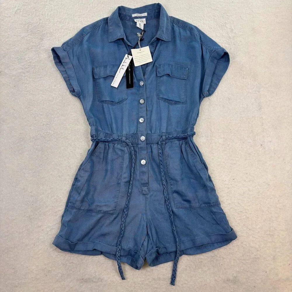 NWT Nicole Miller NY Blue LyoCell Blend Romper Short Sleeve Button Up Size 6